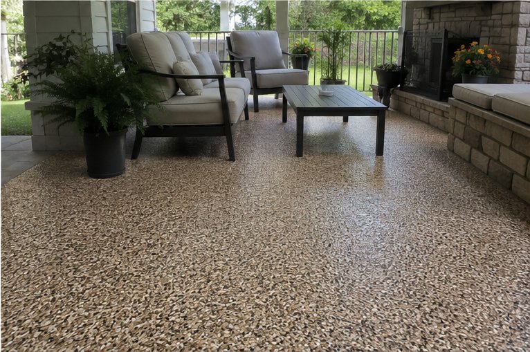 Covered residential patio with tan flake-broadcast epoxy floor and outdoor seating